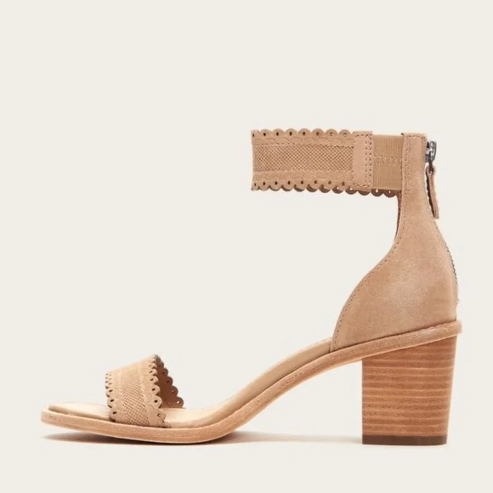 $330 Frye Blush Pink Brielle Scallop Suede Back Zip Heeled Sandal Wedding/Formal - Picture 3 of 15